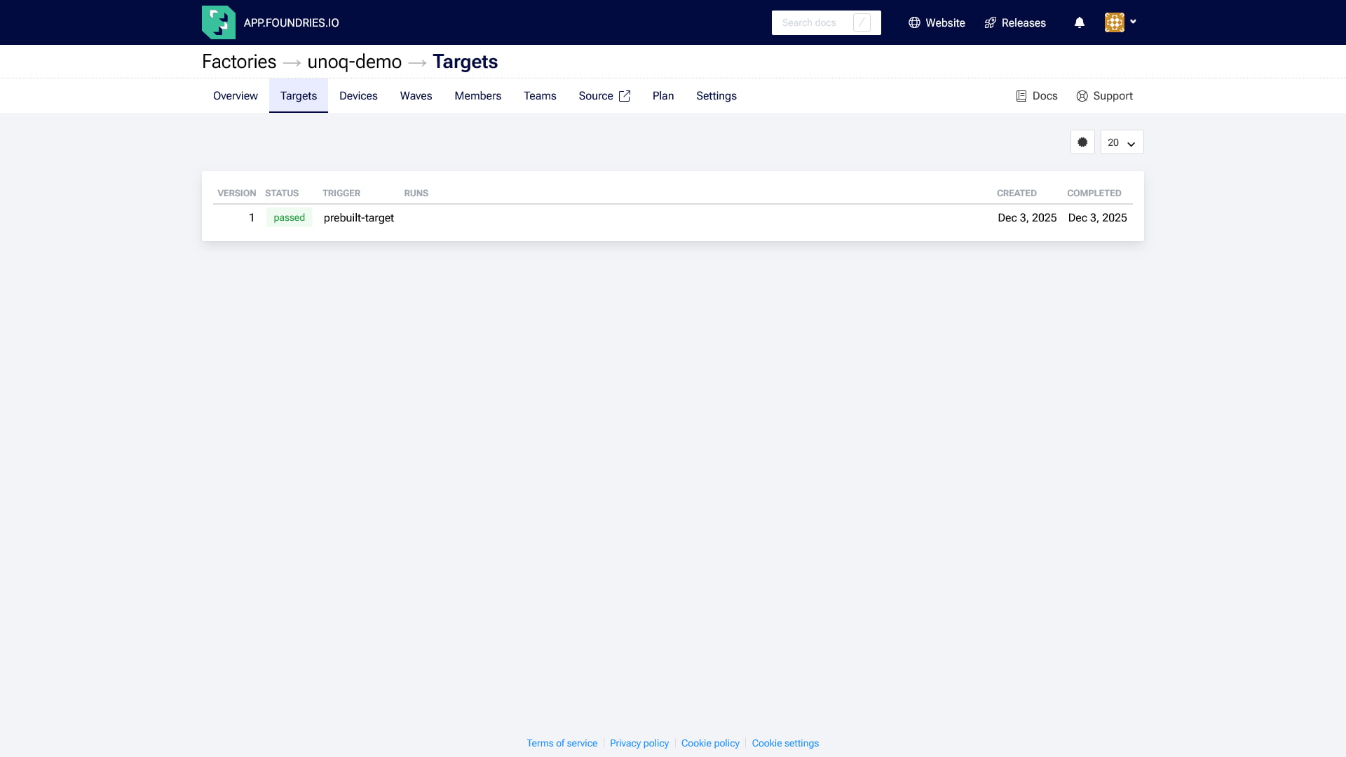 Targets view showing prebuilt target