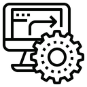 Black and white simple drawing of computer and cog wheel to represent IoT automation